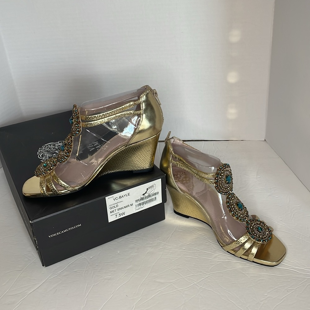 Vince Camuto VC Bayle gold snakeskin sandal wedge shoes size Women’s 7.5W - Picture 4 of 17